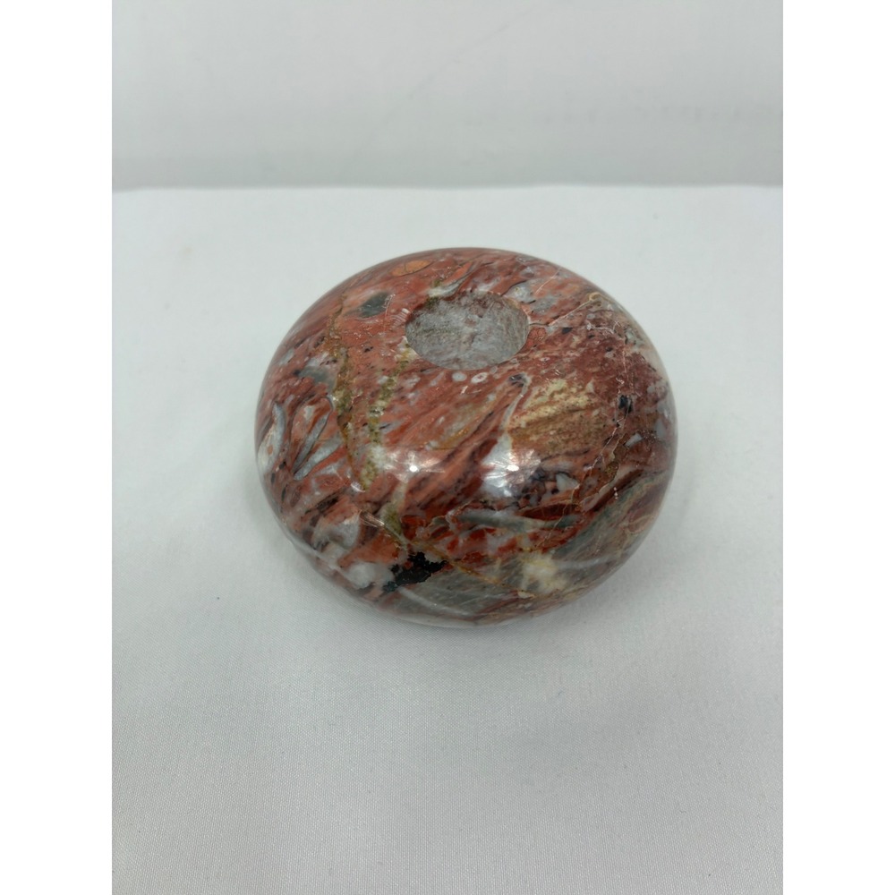 Unique Marble Sphere Candle Holder Hand Carved Pakistan Red White Accents Taper
